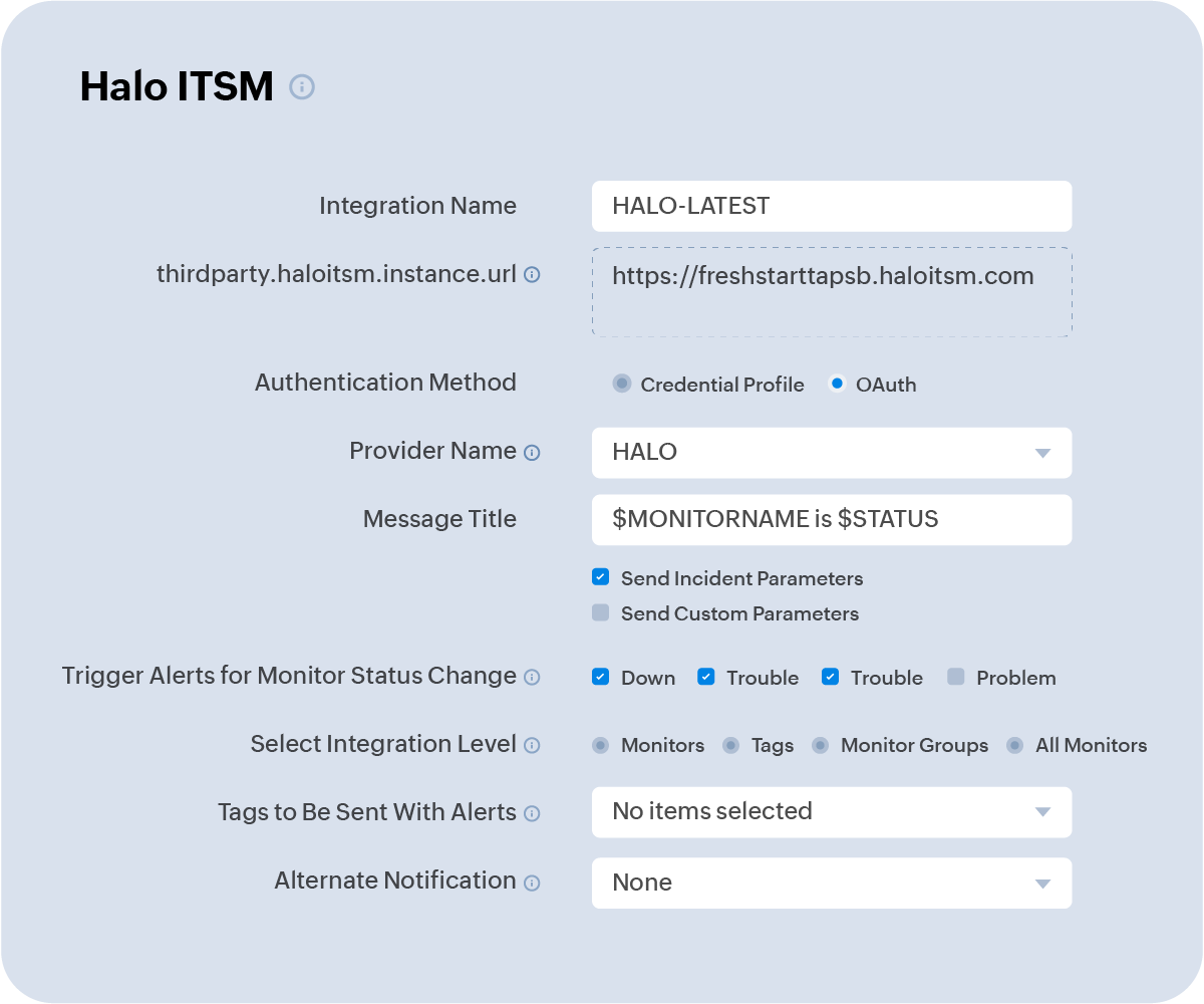The Site24x7 HaloITSM integration configuration screen, where the ticket template and alert triggers are mapped.