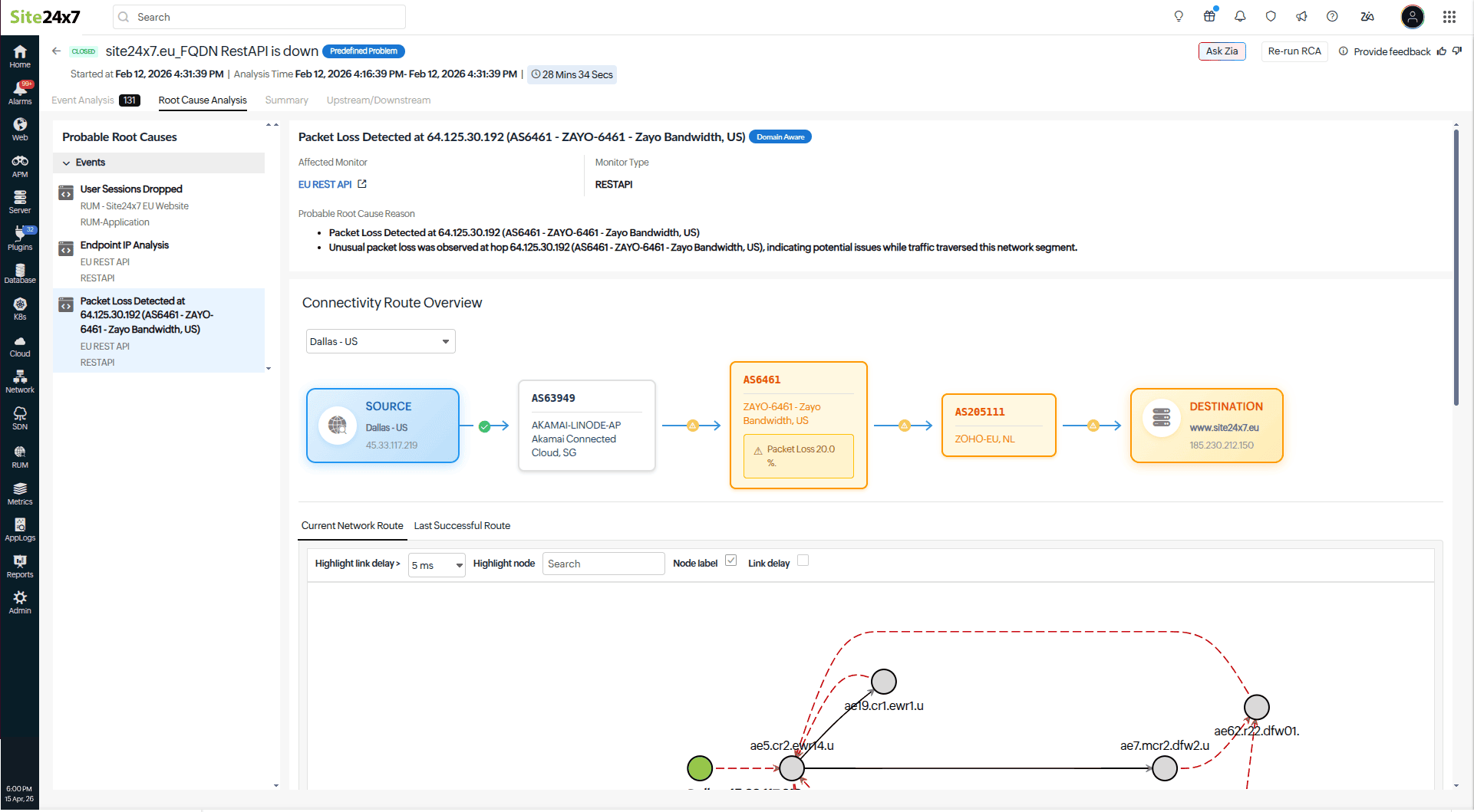 Site24x7 Root Cause Analysis screen showing a network packet loss problem and connectivity route.