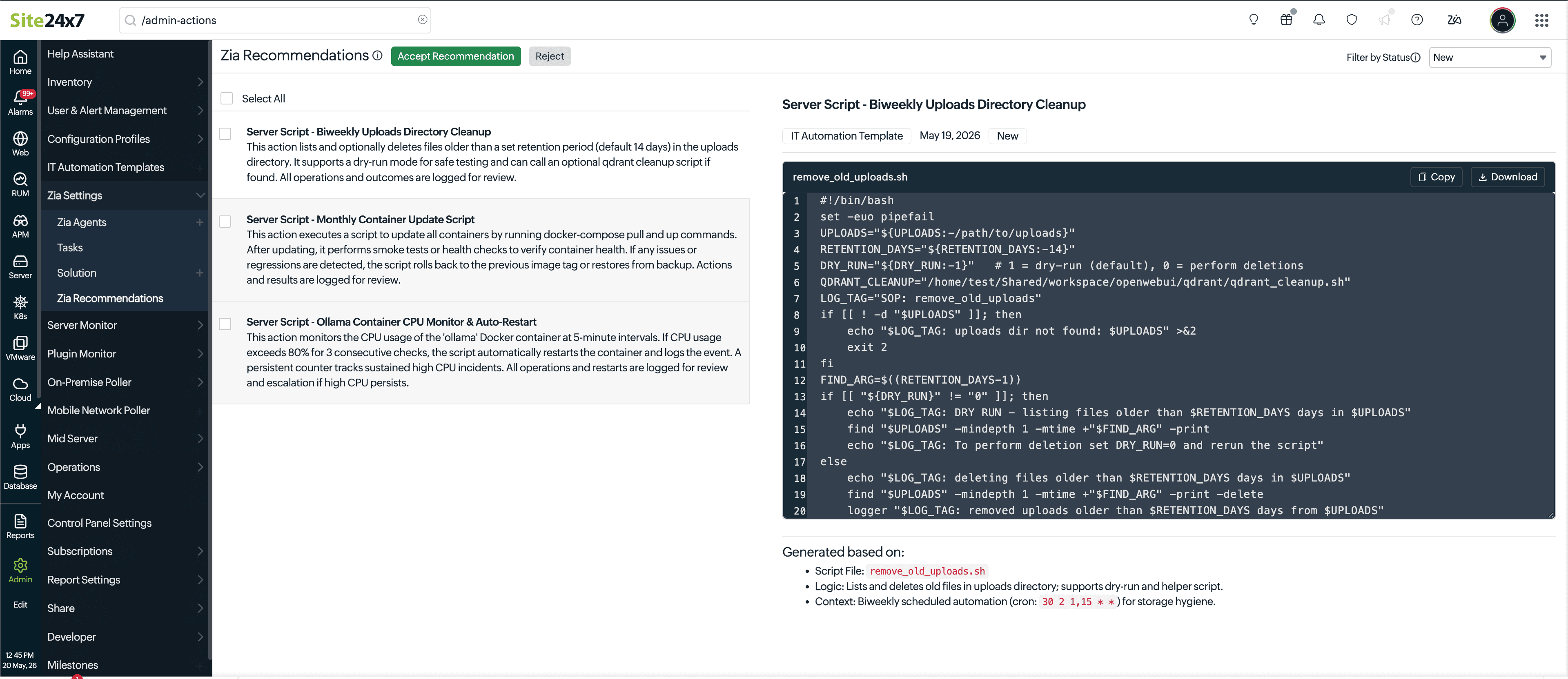 Zia Recommendations in Site24x7 suggesting IT automation templates, with a generated server cleanup script and accept or reject options