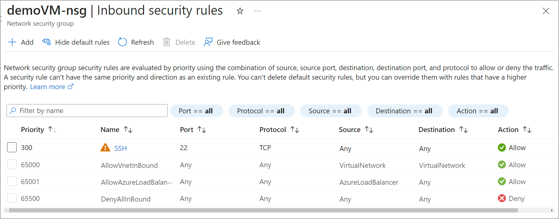 Inbound security rules for a VM