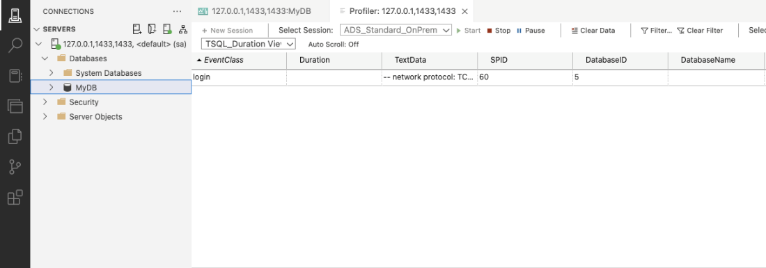 SQL Server Profiler shows a single connection