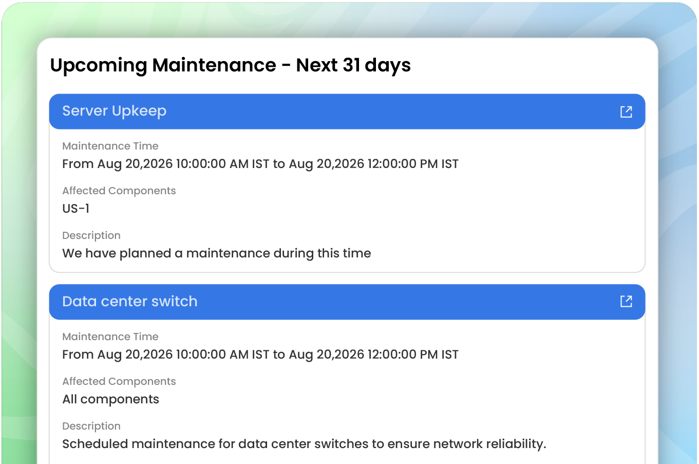 Upcoming Maintenance Statusiq