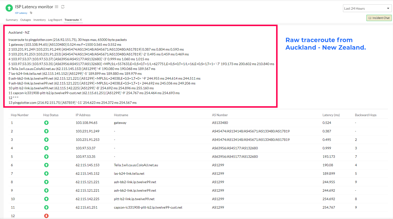 Obtain the raw traceroute with details like latency, jitter, and MTU in bytes, number of hops, and IP prefix.