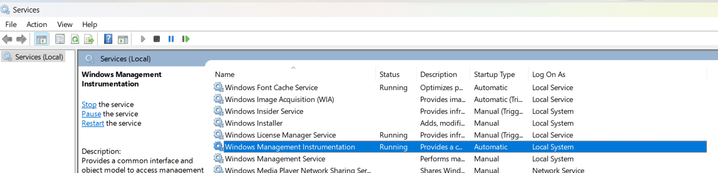 Selecting the Windows Management Instrumentation service