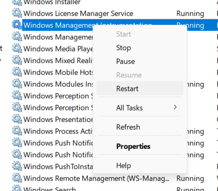 Restarting the Windows Management Instrumentation service