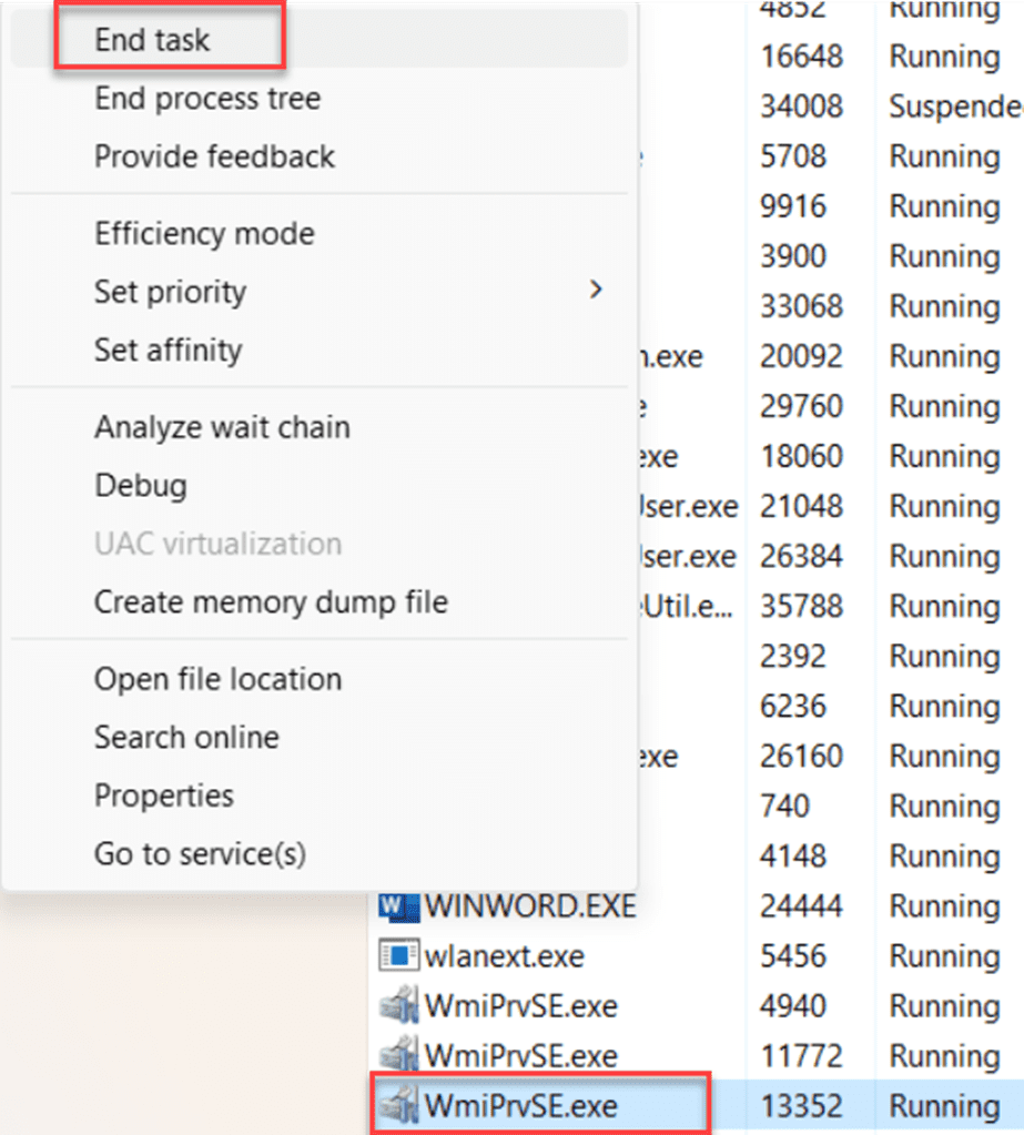 Ending the running WmiPrvSE.exe process from the context menu
