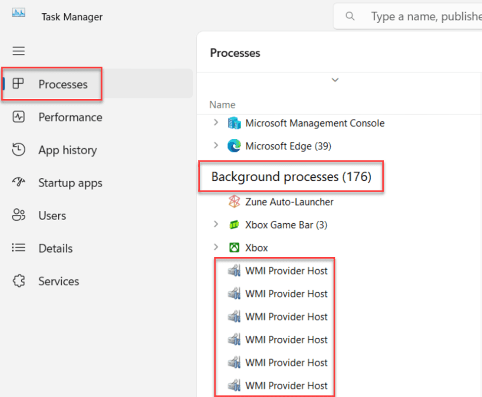 WMI Provider Host processes listed in the Task Manager console