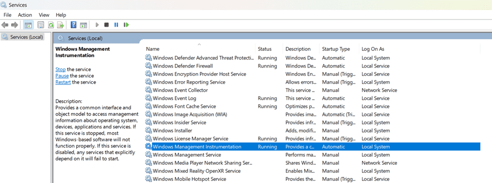 Windows Management Instrumentation Service in the Windows Services Management Console